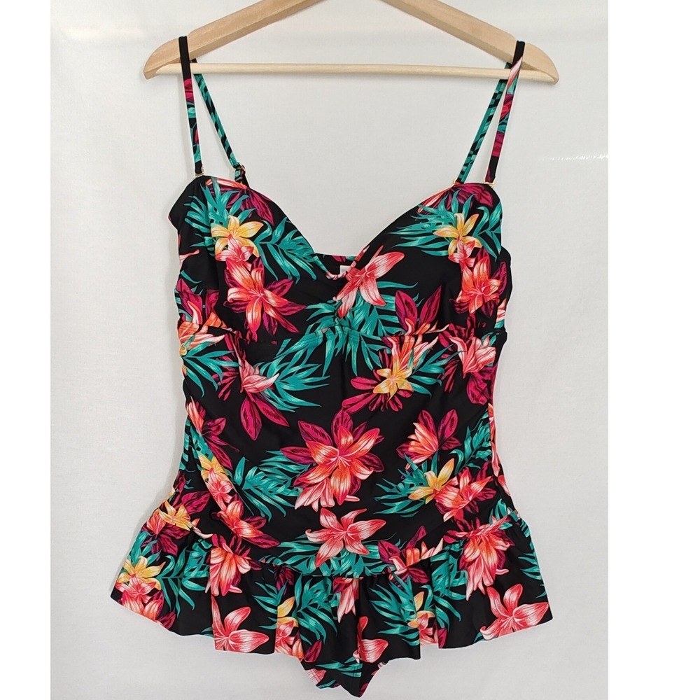 Tropical Escape Swimdress Black Floral Hibiscus Hawaiian Ruffle One Piece 16